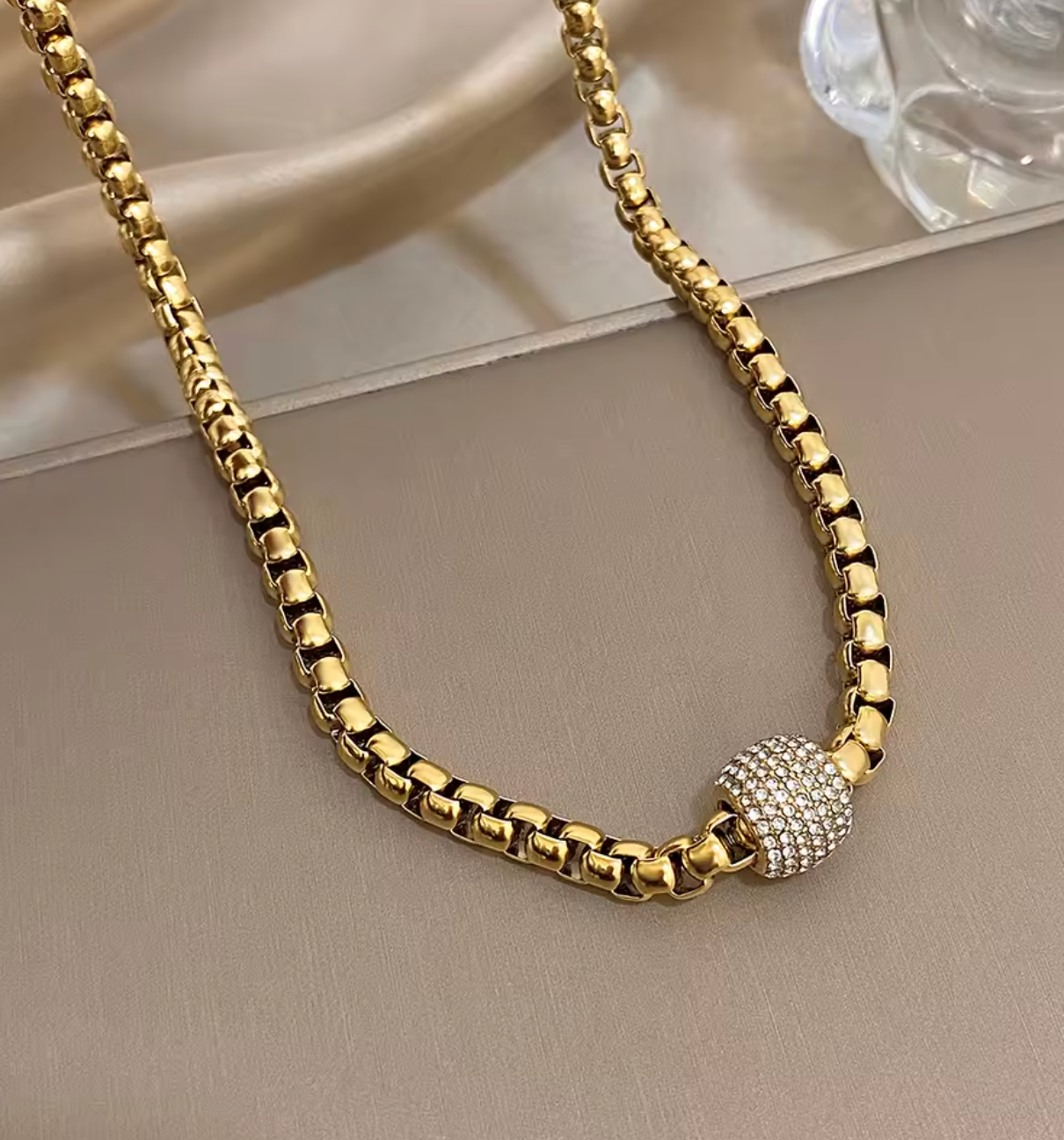 Gold-Plated Stainless Steel Wheat Chain Zircon Pendant Choker Necklace for Women