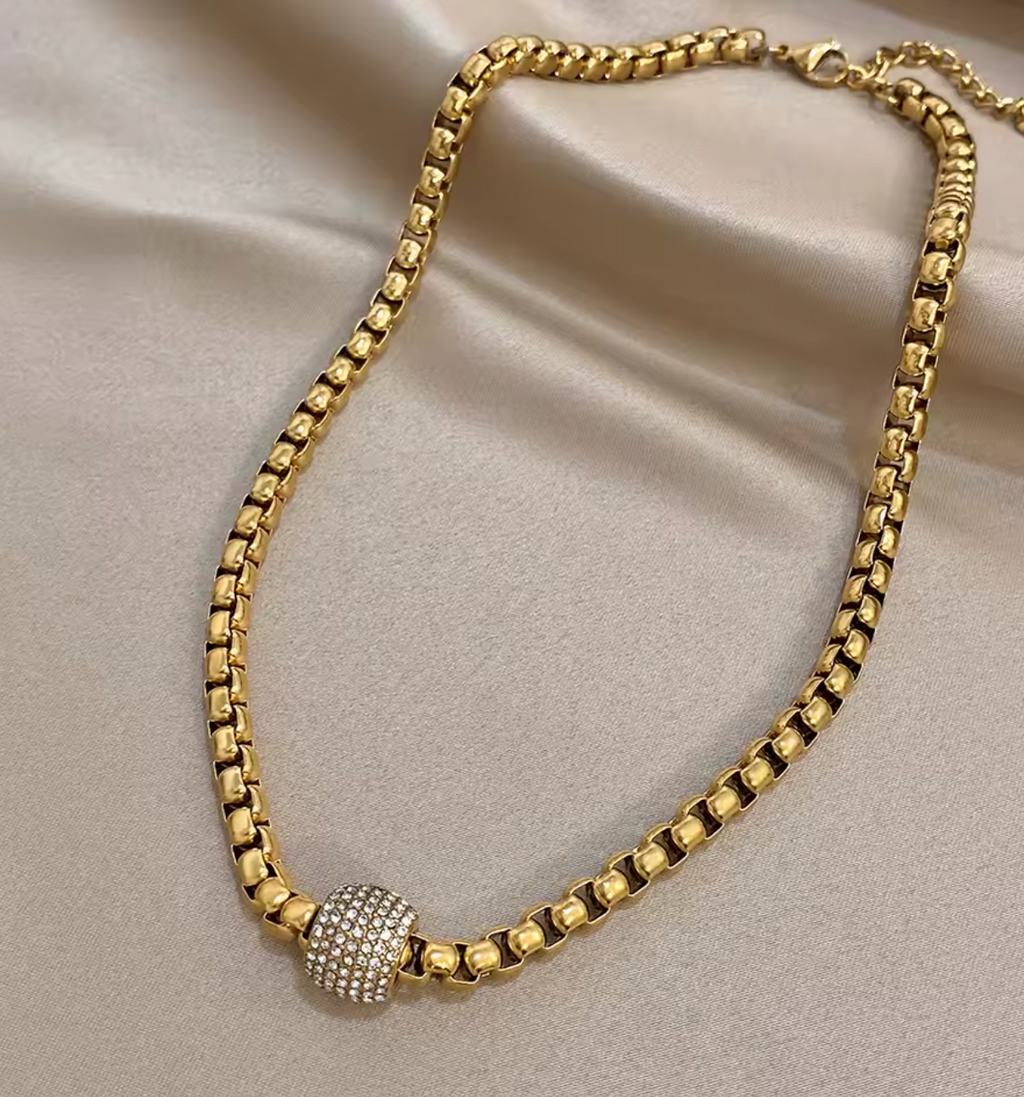 Gold-Plated Stainless Steel Wheat Chain Zircon Pendant Choker Necklace for Women