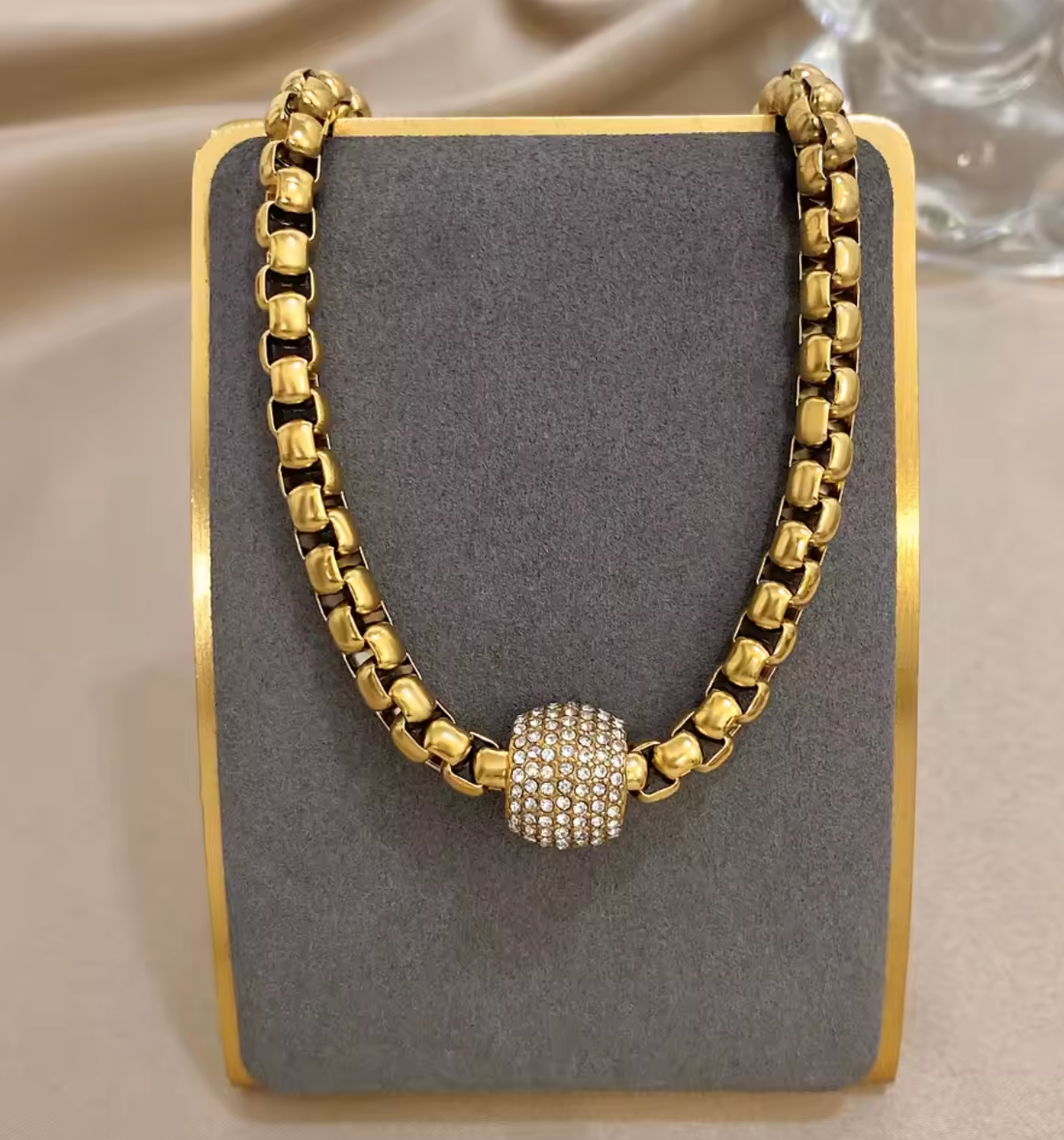 Gold-Plated Stainless Steel Wheat Chain Zircon Pendant Choker Necklace for Women
